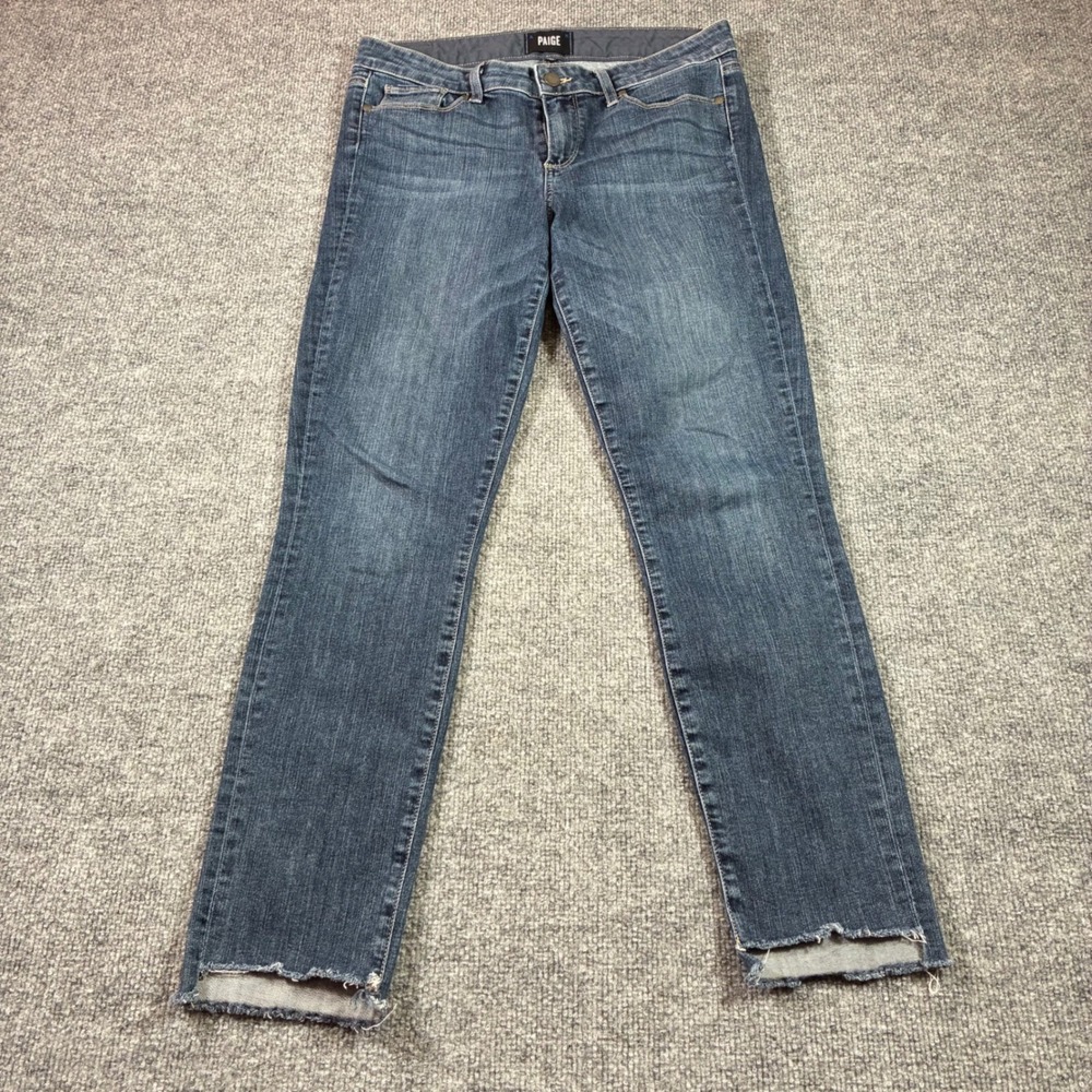 PAIGE Skyline Ankle Peg Jeans Women 30 Blue Raw Hem Mid Rise Slim Stretch